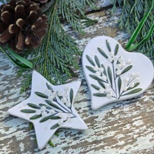 Set of 2 ceramic Mistletoe Sprig white star and heart Christmas ornaments by Gisela Graham