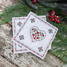 Alpine folk art hearts Christmas paper napkins; for dining, crafts and decoupage