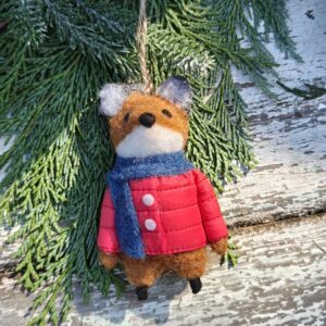 Felted wool baby fox in red coat with blue scarf Christmas ornament by Gisela Graham