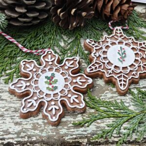Set of 2 iced gingerbread snowflakes with holly Scandi Christmas ornaments by Gisela Graham