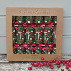 Set of 6 luxury red, white and forest green toadstool Christmas baking-themed crackers by Gisela Graham, plastic-free