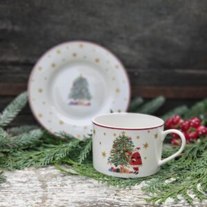 Nostalgia Santa and Christmas tree bone china cup and snack plate set