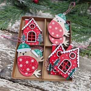Box of 8 Scandinavian wooden folk art robins and houses Christmas decorations