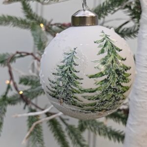 Matt white snowy fir tree Scandi Christmas scene glass bauble by Gisela Graham