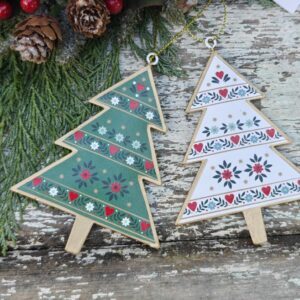 Set of two tin Alpine folk sage green and white Scandi Christmas trees by Gisela Graham