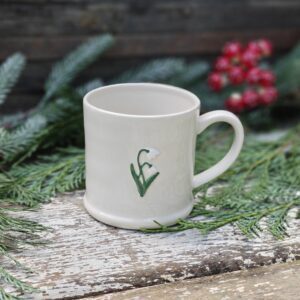 Snowdrops Christmas rustic ceramic mini mug by Gisela Graham