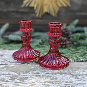 Set of 2 cranberry red glass taper candle sticks 10cms by Gisela Graham