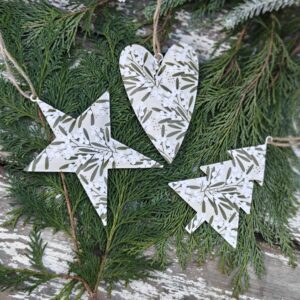 Set of three tin mistletoe heart, tree and star Scandi Christmas ornaments by Gisela Graham