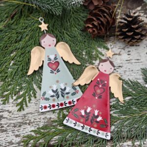 Set of three red, white and mint tin Alpine folk art Scandi Christmas hanging angel ornaments by Gisela Graham