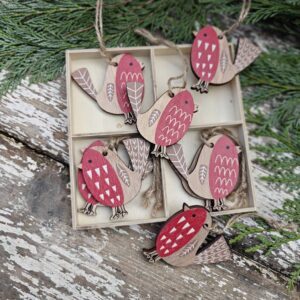 Box of 8 Scandinavian wooden folk art robins Christmas decorations