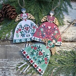Set of three wooden Alpine folk art mint green, red and white Scandi Christmas angels by Gisela Graham