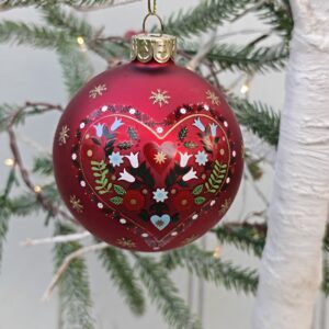 Matt red Alpine Heart folk art glass Christmas tree bauble by Gisela Graham