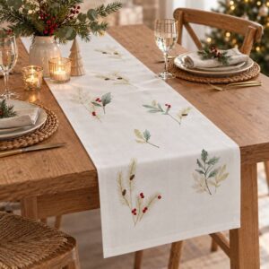 Embroidered holly, berry and pine cone sprig table runner by Gisela Graham