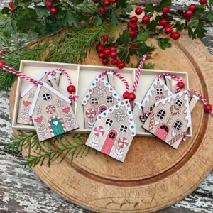 Box of 6 Scandinavian wooden gingerbread Christmas houses hanging decorations