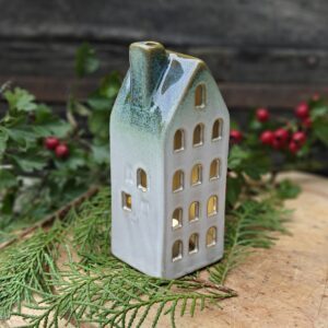 Tall reactive glaze grey light up Nordic house LED tealight holder, 13cm