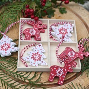 Box of 8 Scandinavian wooden red/white Christmas reindeer and trees hanging decorations