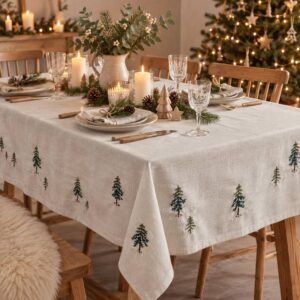 Scandi trees embroidered festive rustic table cloth by Gisela Graham