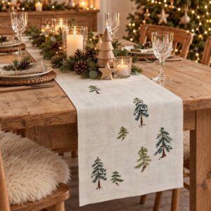 Scandi trees embroidered festive table runner by Gisela Graham