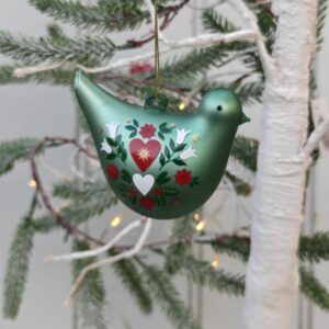 Matt sage green Alpine Heart folk art glass Christmas tree bird by Gisela Graham