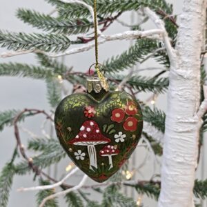 Antique moss green Christmas heart baubles with toadstools by Gisela Graham