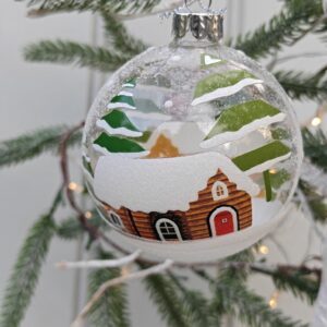 White snowy Forest Cabin Scandi Christmas scene clear glass bauble