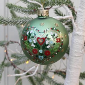 Matt green Alpine Heart folk art glass Christmas tree bauble by Gisela Graham