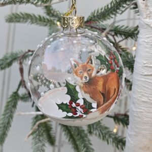 Snowy fox and holly wildlife clear glass Christmas bauble by Gisela Graham
