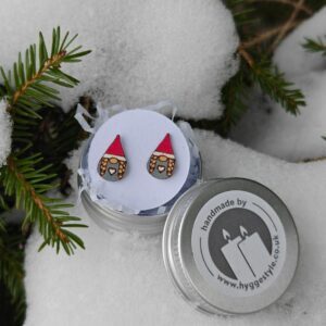 Handmade Hyggestyle Christmas Scandi Viking lady gnomes with stripes wooden earrings with gift tin