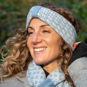 Recycled blend baby blue and white Scandi flower soft knitted headband