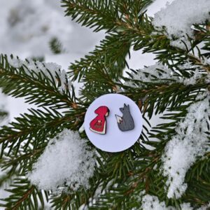 Handmade Hyggestyle Little Red Riding Hood and the Wolf wooden earrings with gift tin