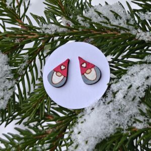 Handmade Hyggestyle Christmas Scandi gnomes with hearts wooden earrings with gift tin
