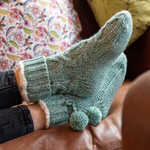 Dusky aqua cable knit sherpa slipper socks