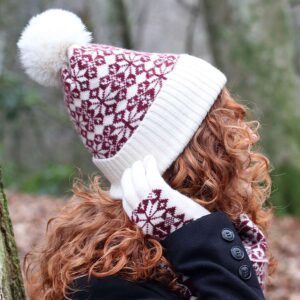 Burgundy and cream Scandi starflower bobble hat