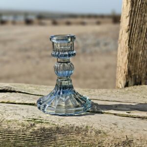 Duck egg blue pressed glass candlestick