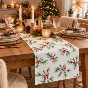 Fir and red berries fabric table runner by Gisela Graham