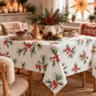 Fir and red berries fabric Christmas tablecloth by Gisela Graham