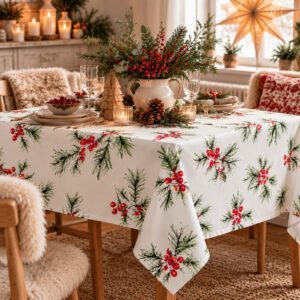 Fir and red berries fabric Christmas tablecloth by Gisela Graham