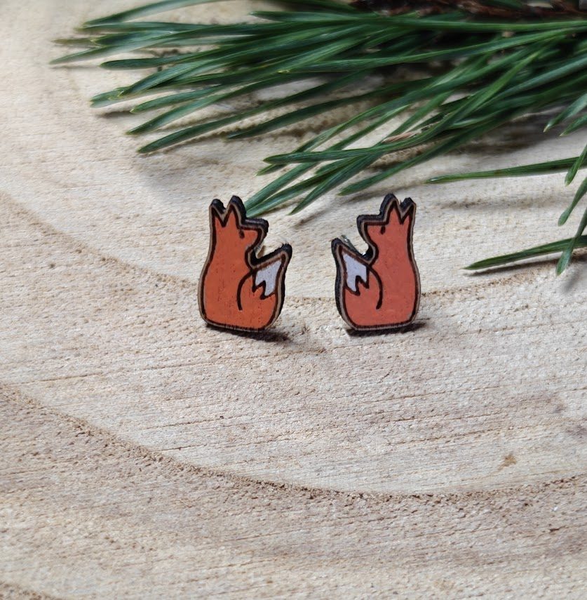 fox earrings Little folk art fox wooden stud earrings