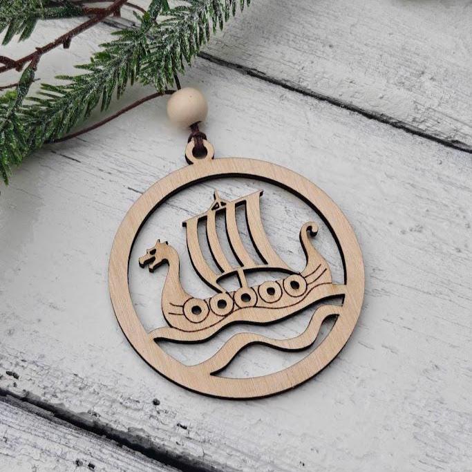 Handmade Hyggestyle birch Viking longship wooden Christmas bauble