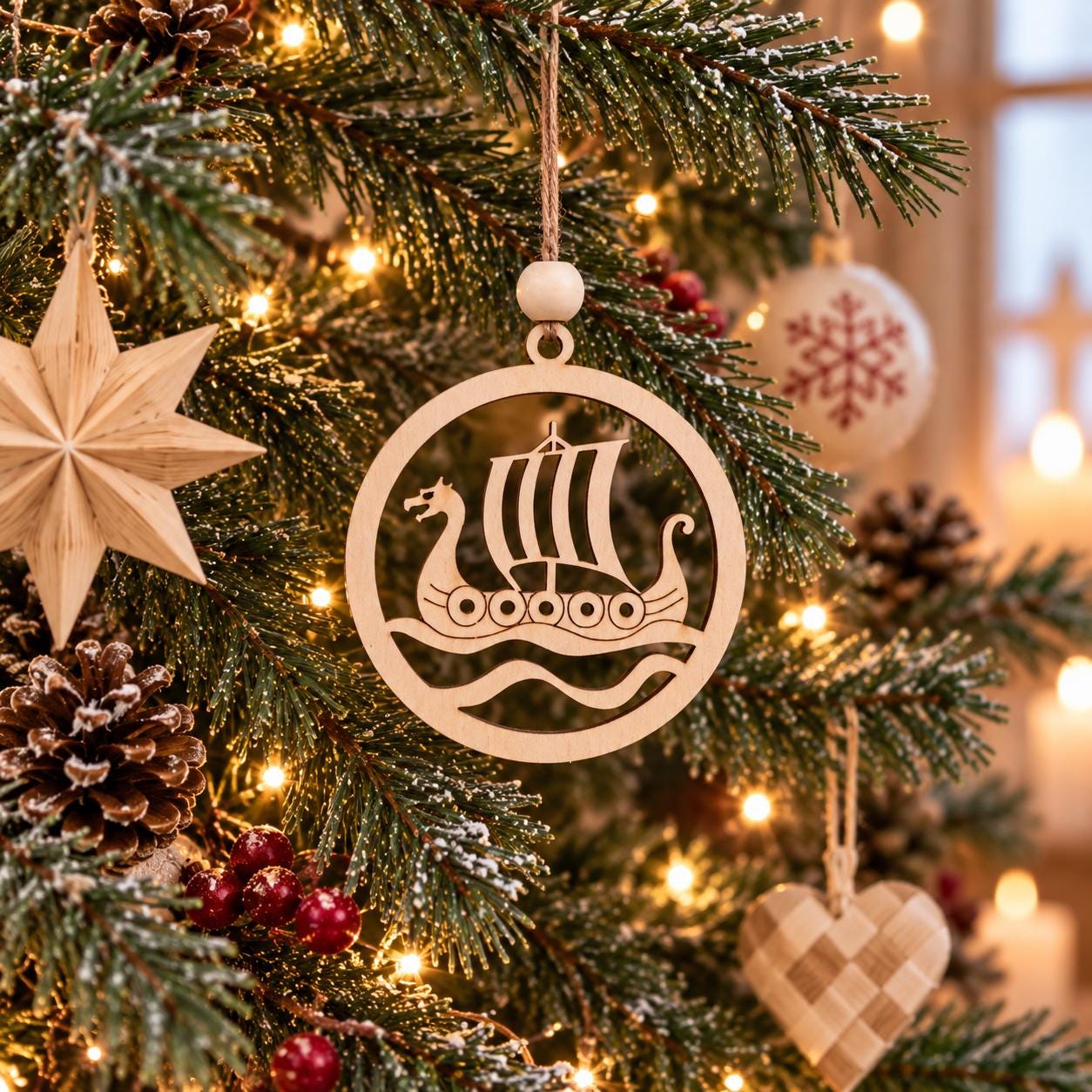 Handmade Hyggestyle birch Viking longship wooden Christmas bauble