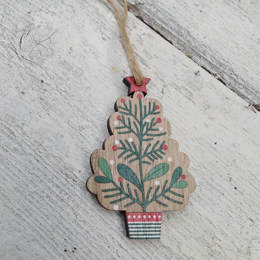 Wooden berry sprig Christmas tree ornaments and Scandi craft shapes, set of 8