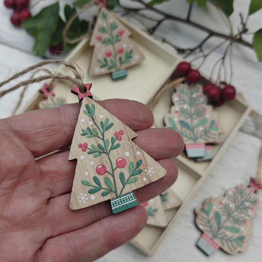 Wooden berry sprig Christmas tree ornaments and Scandi craft shapes, set of 8