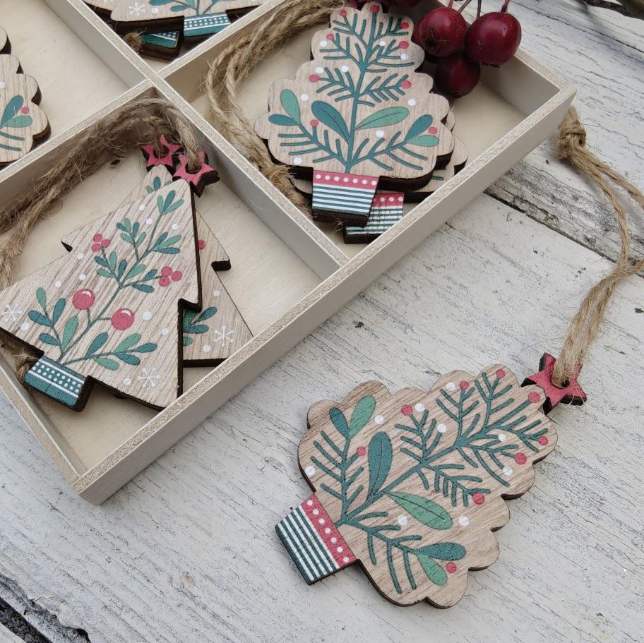 Wooden berry sprig Christmas tree ornaments and Scandi craft shapes, set of 8
