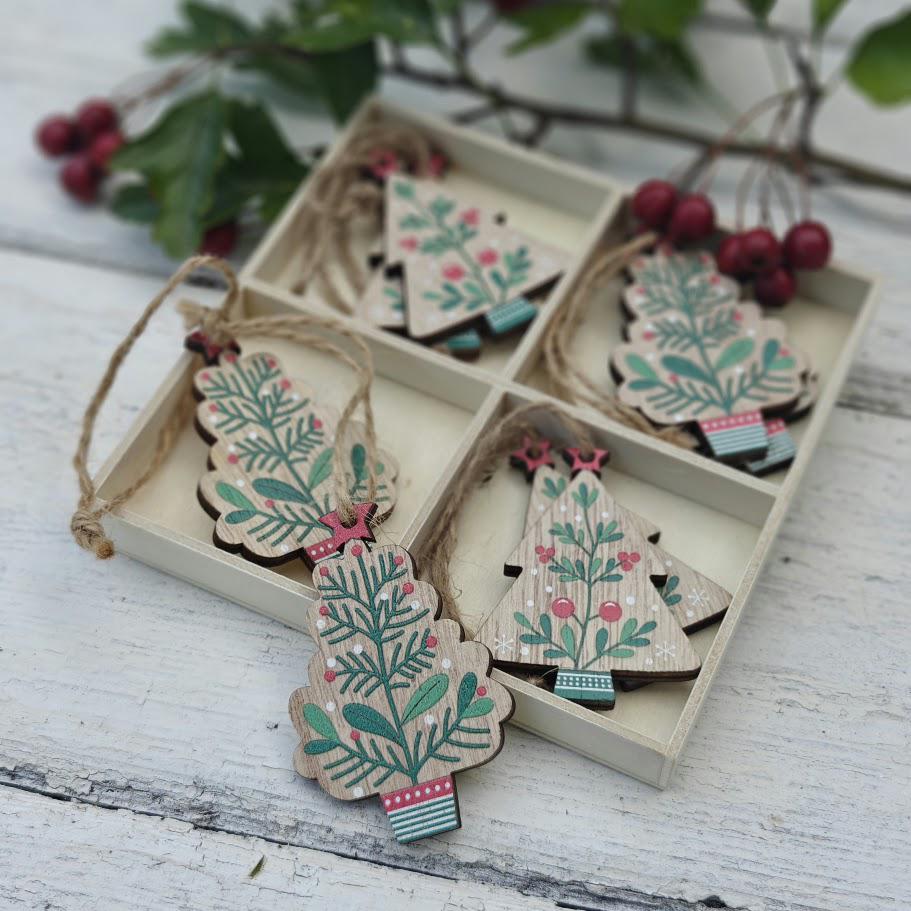 Wooden berry sprig Christmas tree ornaments and Scandi craft shapes, set of 8