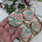Wooden berry sprig round tags, Christmas ornaments and Scandi craft shapes, set of 8