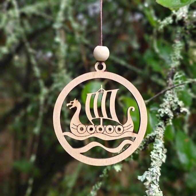 Handmade Hyggestyle birch Viking longship wooden Christmas bauble