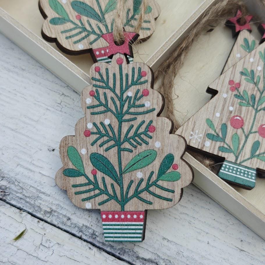 Wooden berry sprig Christmas tree ornaments and Scandi craft shapes, set of 8
