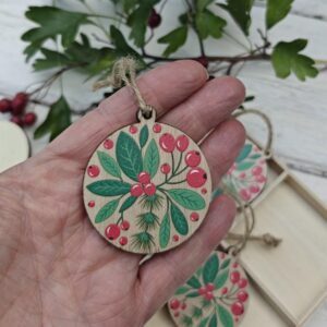 Wooden berry sprig round tags, Christmas ornaments and Scandi craft shapes, set of 8