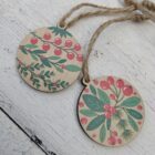 Wooden berry sprig round tags, Christmas ornaments and Scandi craft shapes, set of 8