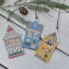 Set of 3 Scandi birch houses, hanging Nordic Christmas ornaments